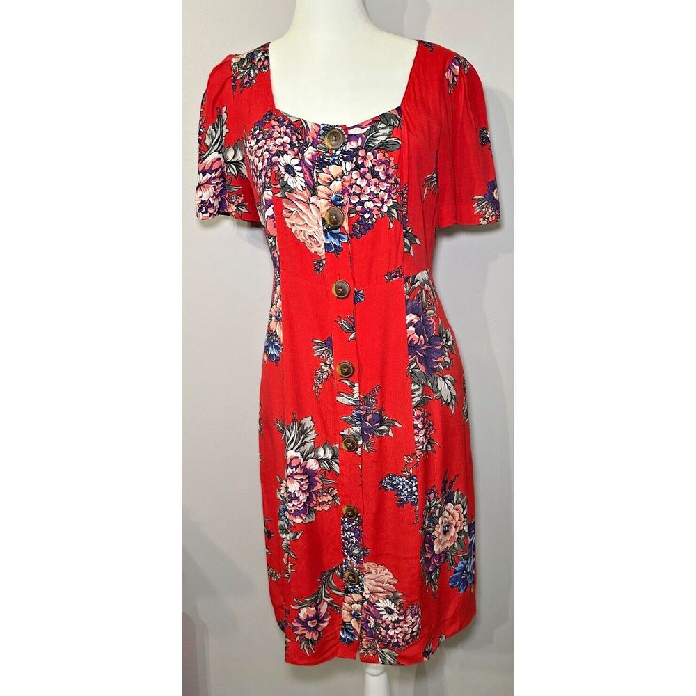 Maeve Anthropologie Caldwell red‎ floral button front dress Size 4 Cottagecore